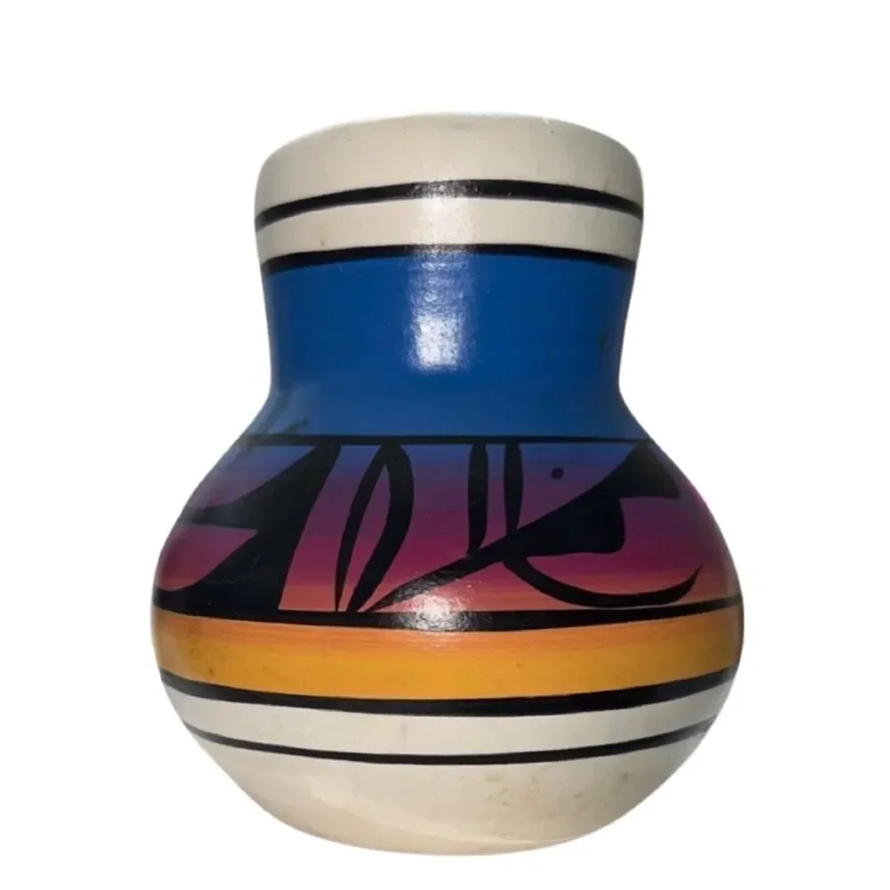 Vintage Signed Indian Colorful Rainbow Sunset Clay Art Jar